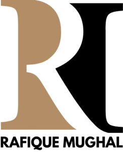 Raffique Mughal archeologist logo with distinctive lettering and a sleek, modern design