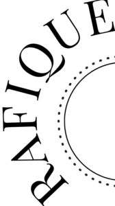A half-circle with black border and dots around it, and words Rafique